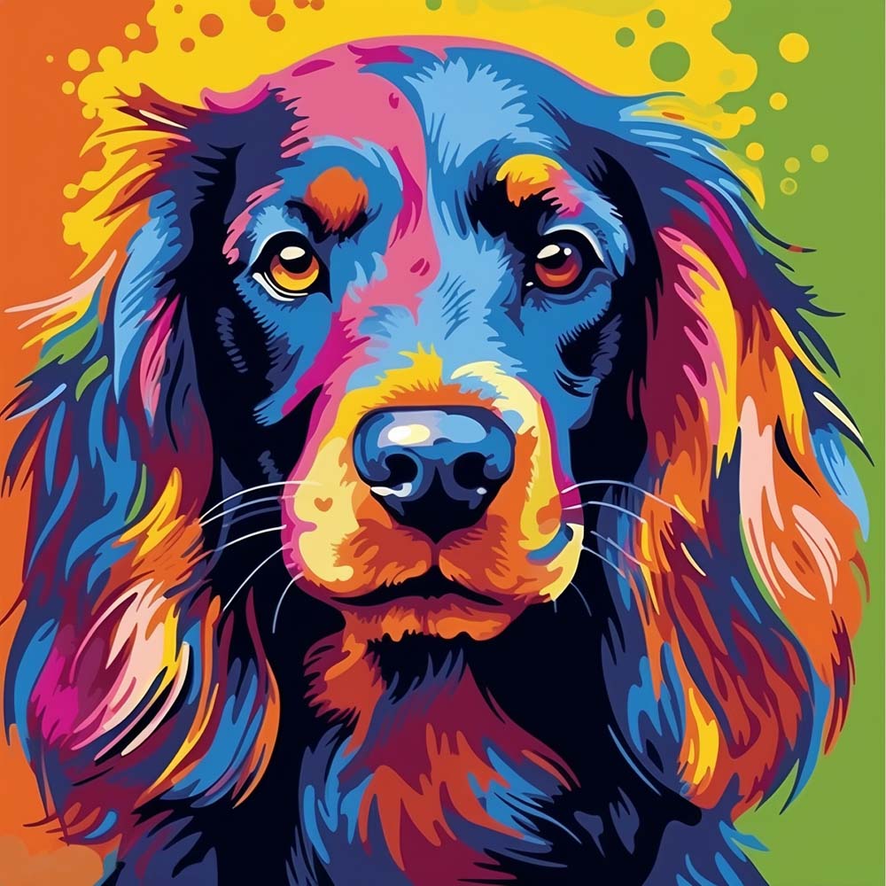Pop‑art spaniel portrait cross stitch kit for beginners