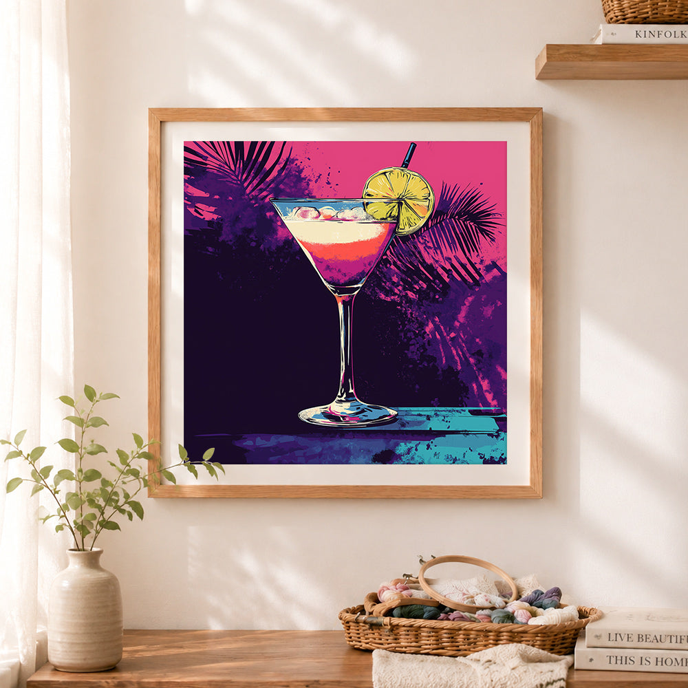 Finished pop‑art tropical cocktail drink cross stitch artwork displayed as home decor