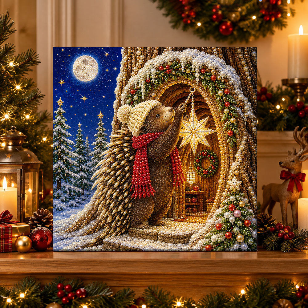 Finished porcupine hanging star ornament pearl diamond painting artwork displayed as holiday home decor