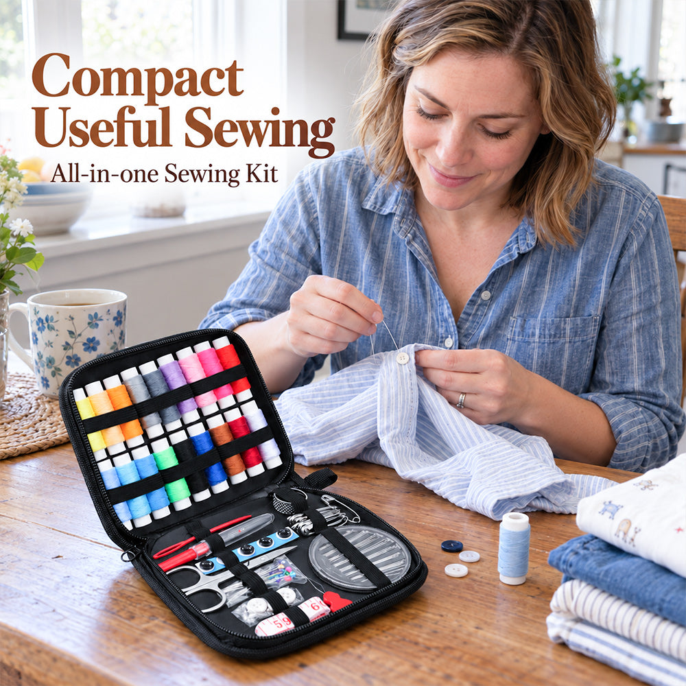 Woman Using a Portable Sewing Kit for Clothing Repairs at Home