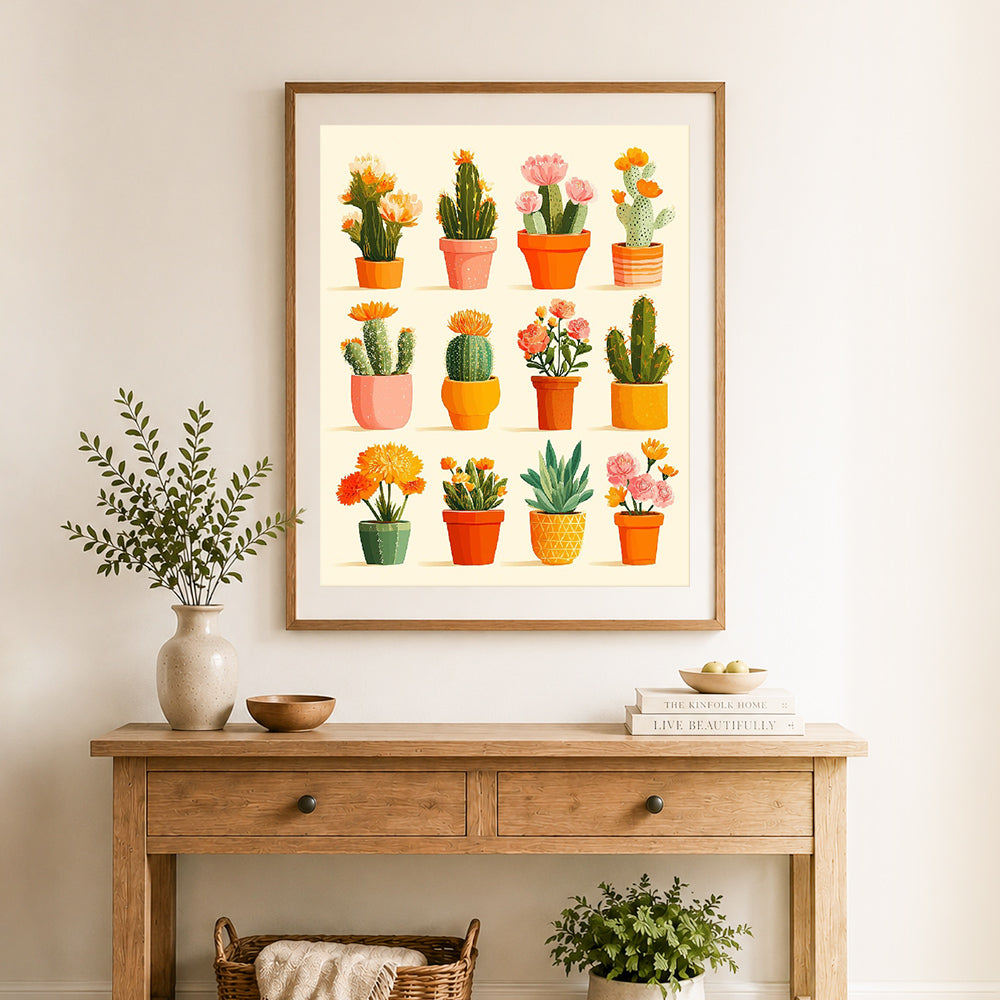 Finished potted cactus collection cross stitch artwork displayed as home decor