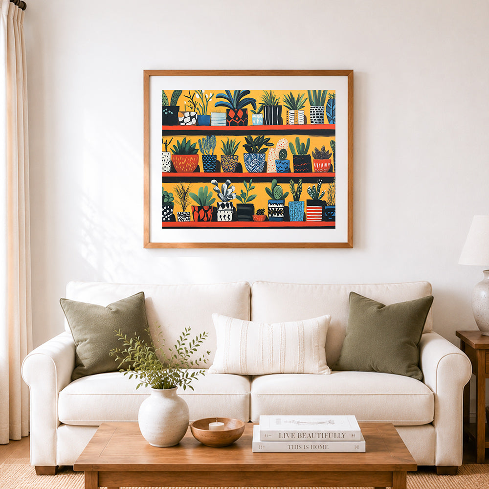 Finished potted plants on colorful shelves cross stitch artwork displayed as home decor