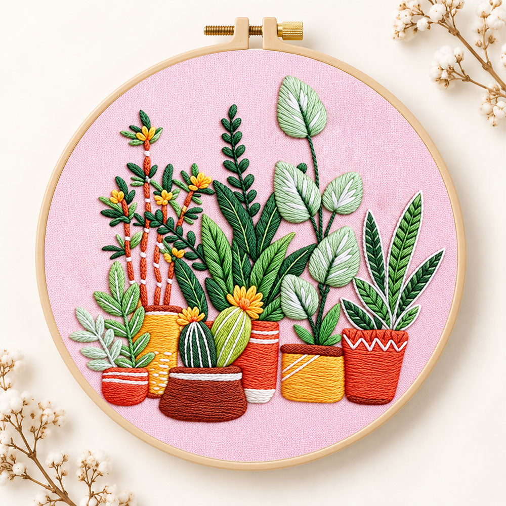 Potted plants on pink fabric embroidery kit