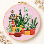 Potted plants on pink fabric embroidery kit