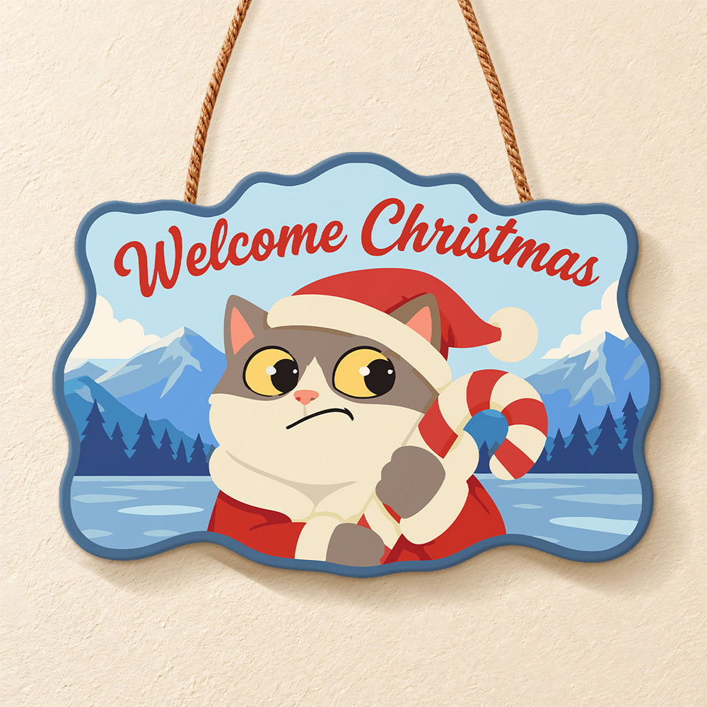 Pouty cat with candy cane paint by numbers door hanger finished design