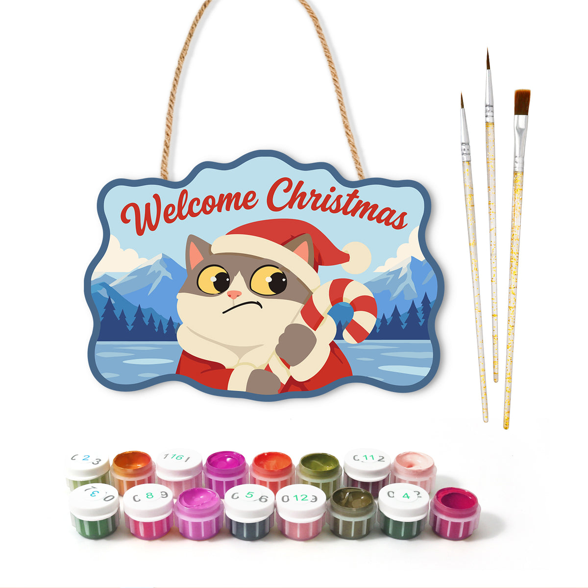 Pouty cat with candy cane paint by numbers door hanger with paints and brushes