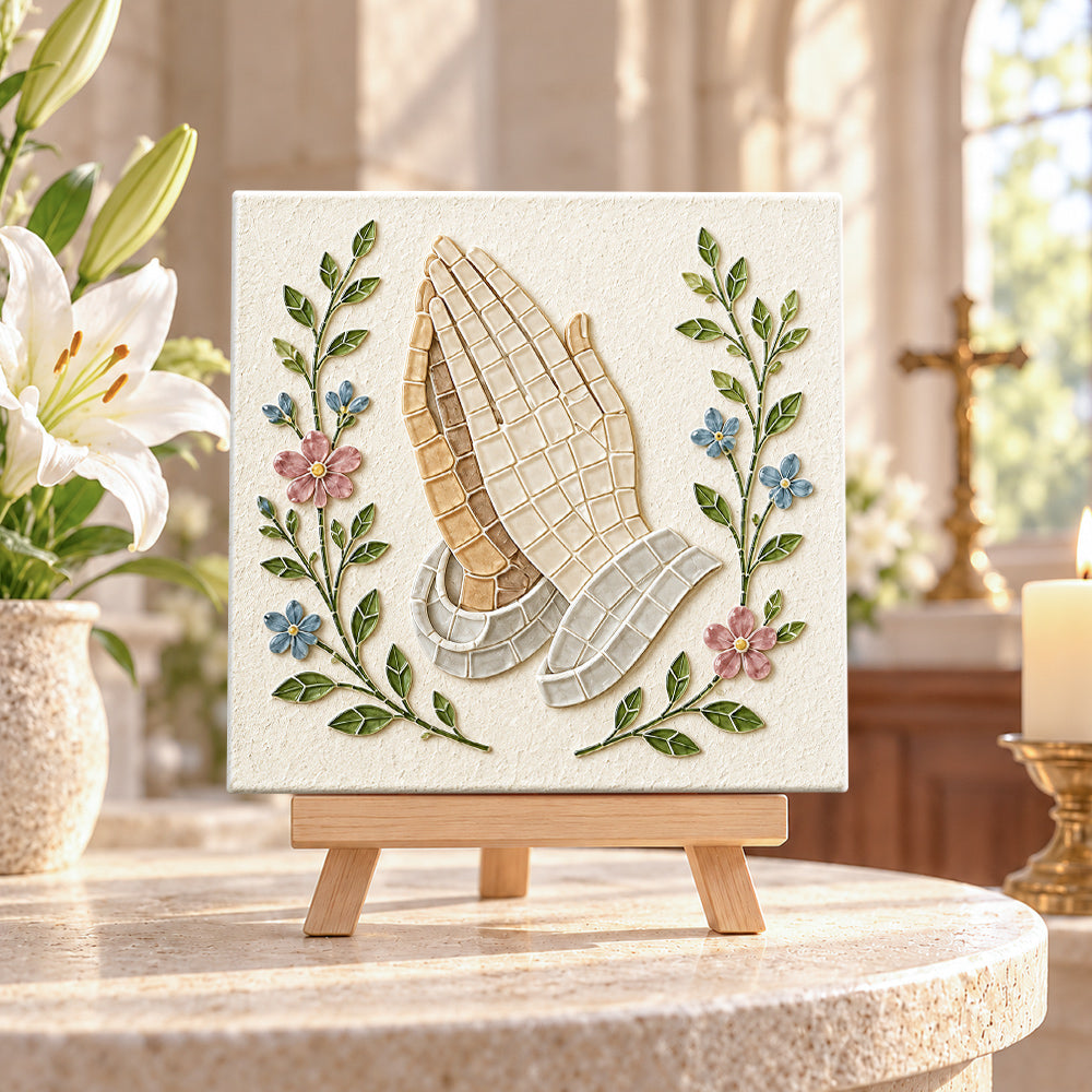 Praying hands sea glass art kit displayed as seasonal home decor