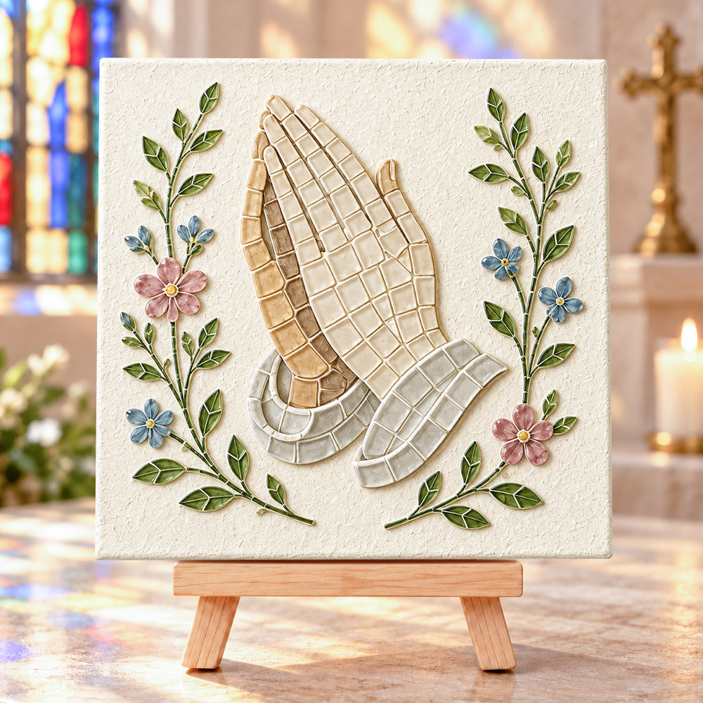 Praying hands sea glass art kit finished artwork on display