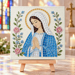Praying virgin mary sea glass art kit finished artwork on display