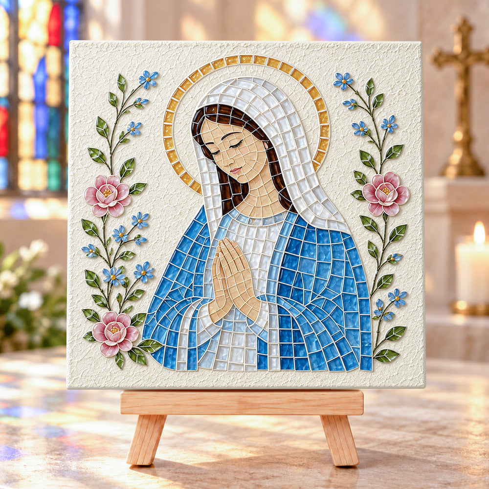 Praying virgin mary sea glass art kit finished artwork on display