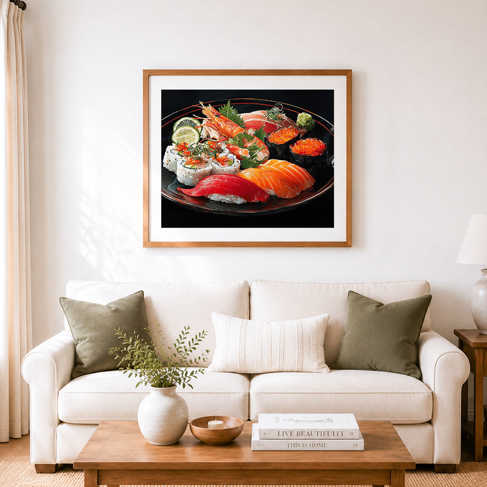 Finished premium sushi platter cross stitch artwork displayed as home decor
