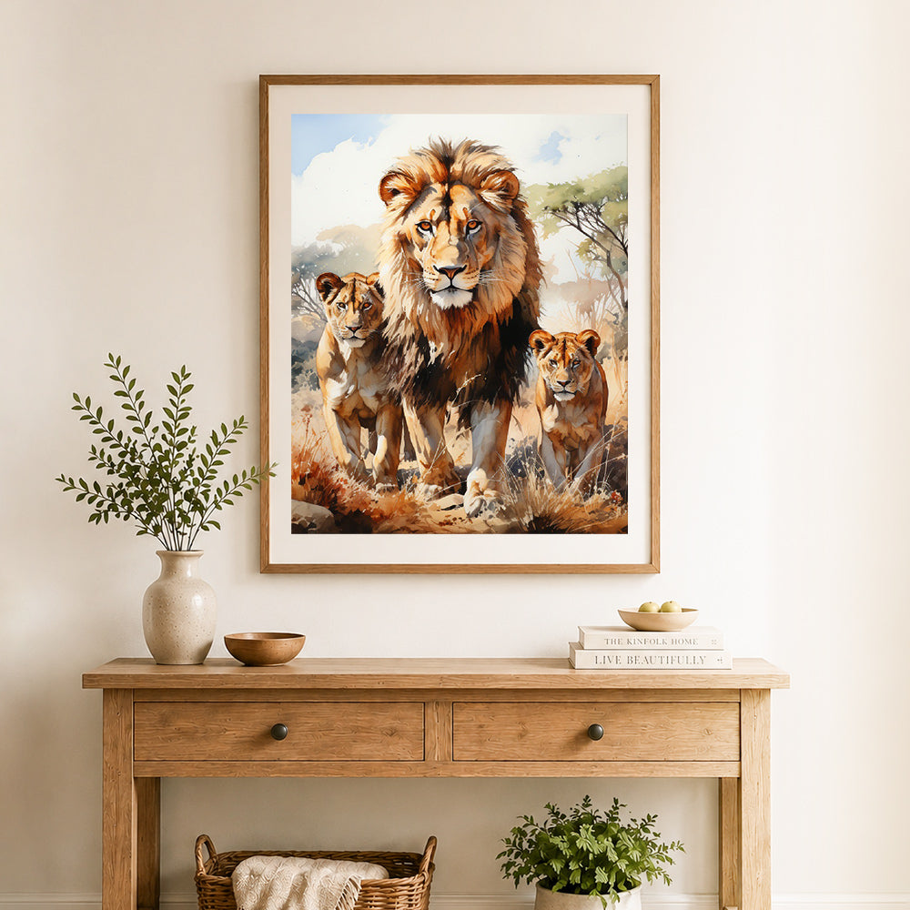 Finished pride of lion family cross stitch artwork displayed as home decor