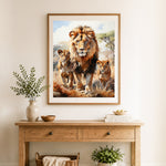 Finished pride of lion family cross stitch artwork displayed as home decor