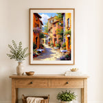 Finished provence street morning cross stitch artwork displayed as home decor