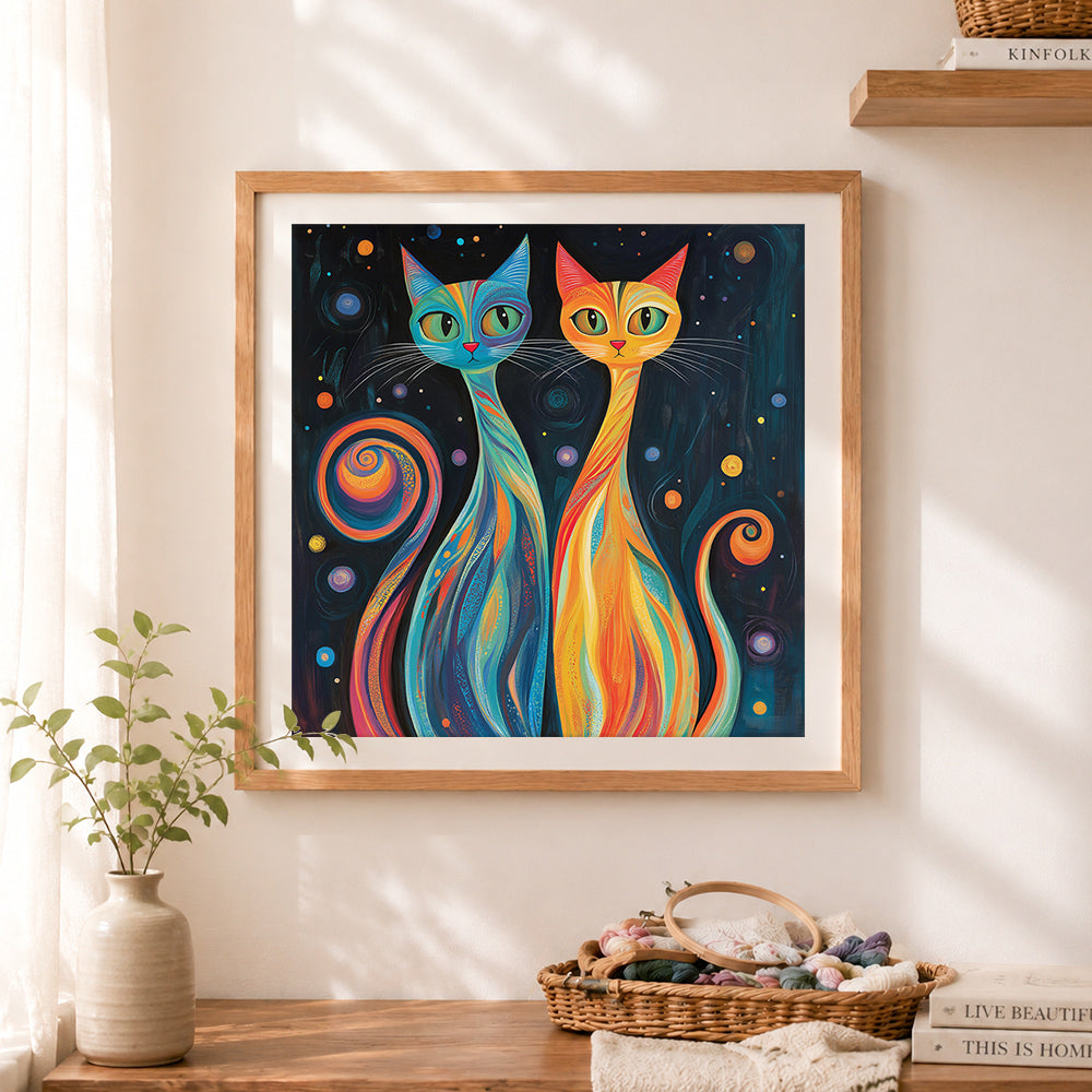 Finished psychedelic colourful cats cross stitch artwork displayed as home decor