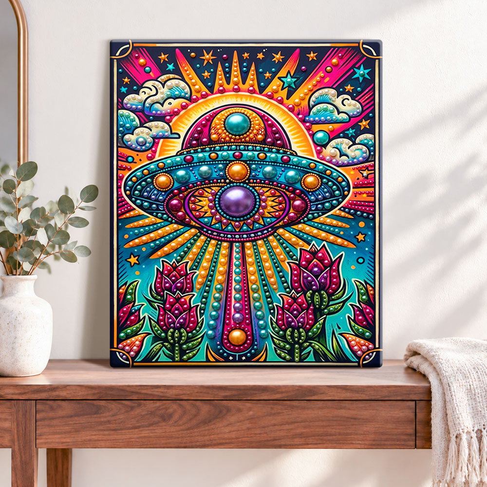 Finished psychedelic pearl ufo pearl diamond painting artwork displayed as home decor