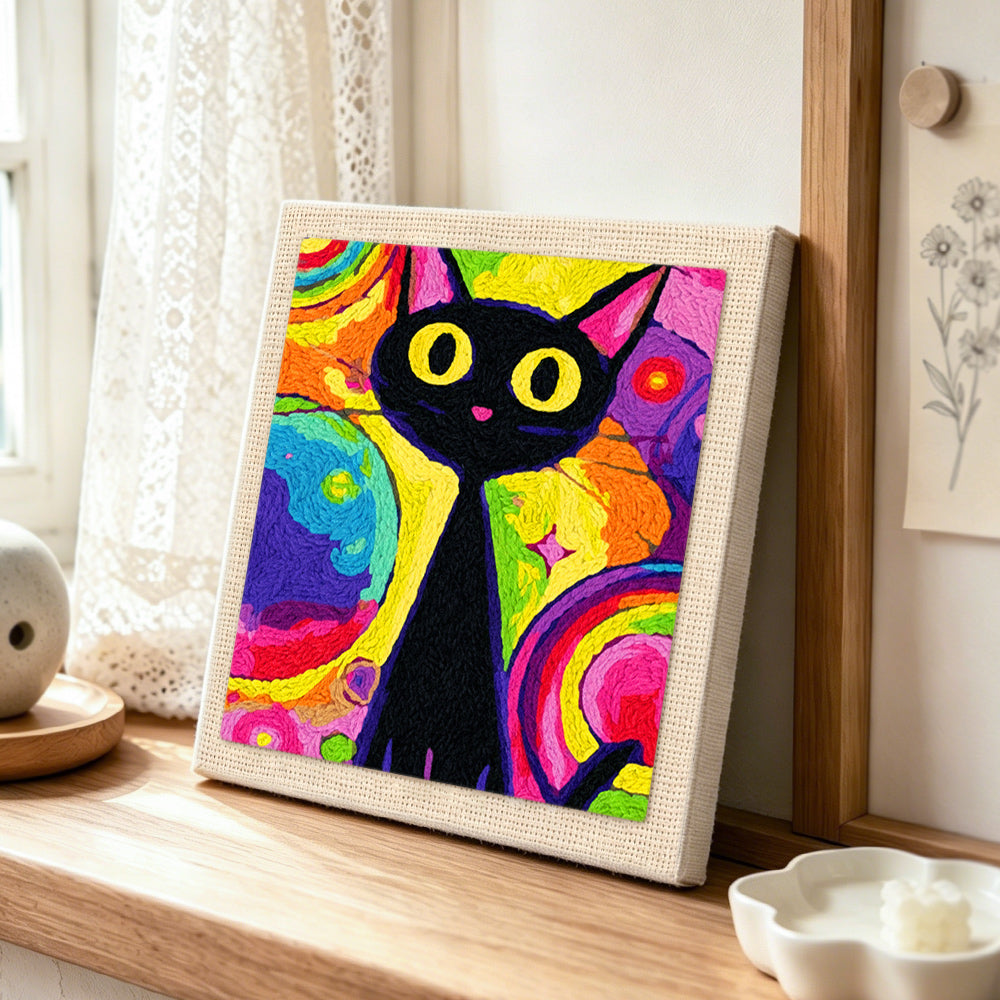 Psychedelic rainbow black cat punch needle artwork displayed on a table
