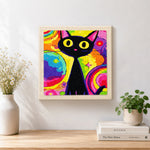Finished psychedelic rainbow black cat artwork displayed on a wall