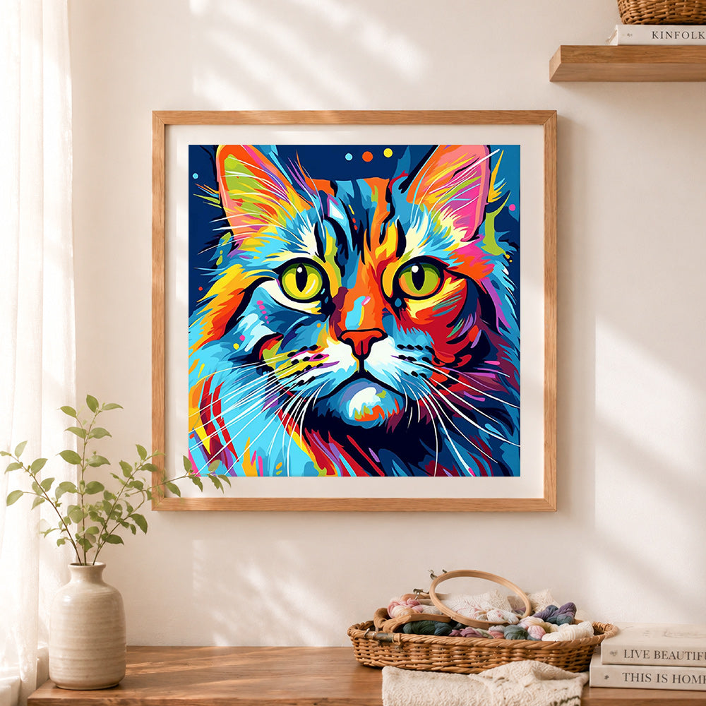Finished psychedelic rainbow cat portrait cross stitch artwork displayed as home decor