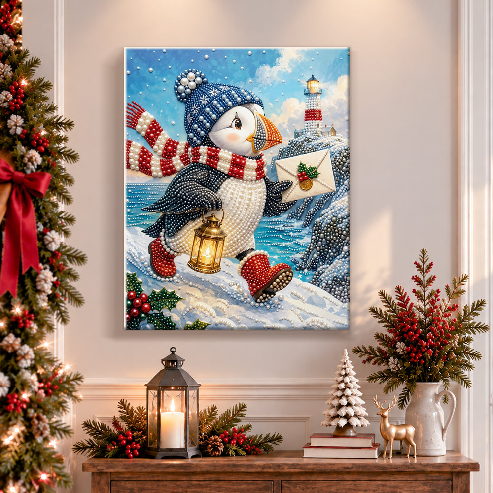 Finished puffin with christmas mail pearl diamond painting artwork displayed as holiday home decor