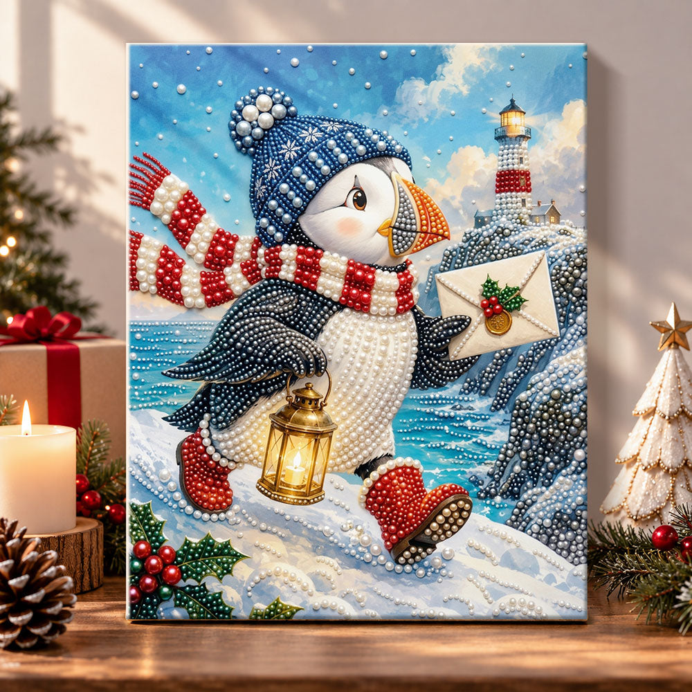 Puffin with christmas mail pearl diamond painting kit for beginners