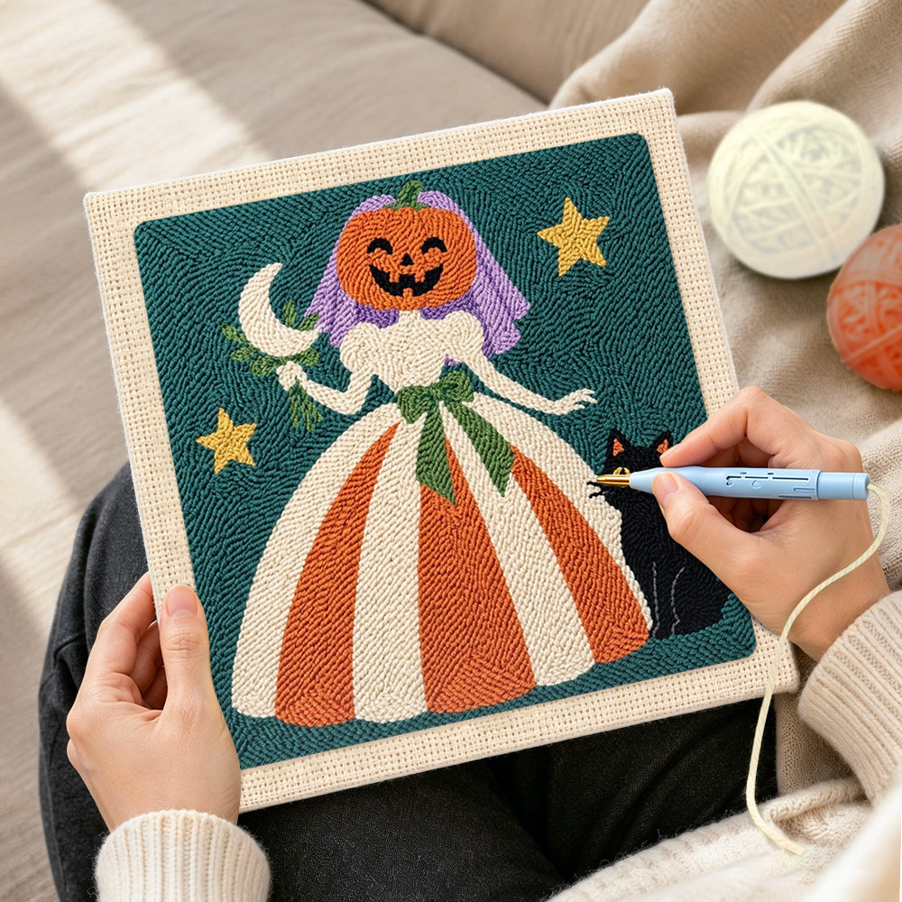 Creating handmade pumpkin bride with black cat punch needle artwork