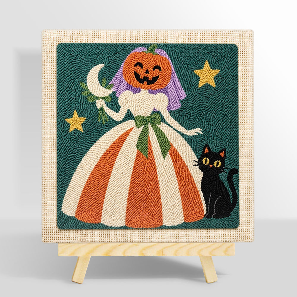 Pumpkin bride with black cat punch needle kit for beginners