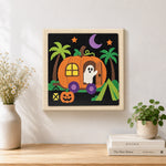 Finished pumpkin camper ghost artwork displayed on a wall