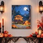 Finished pumpkin carriage under full moon pearl diamond painting artwork displayed as holiday home decor