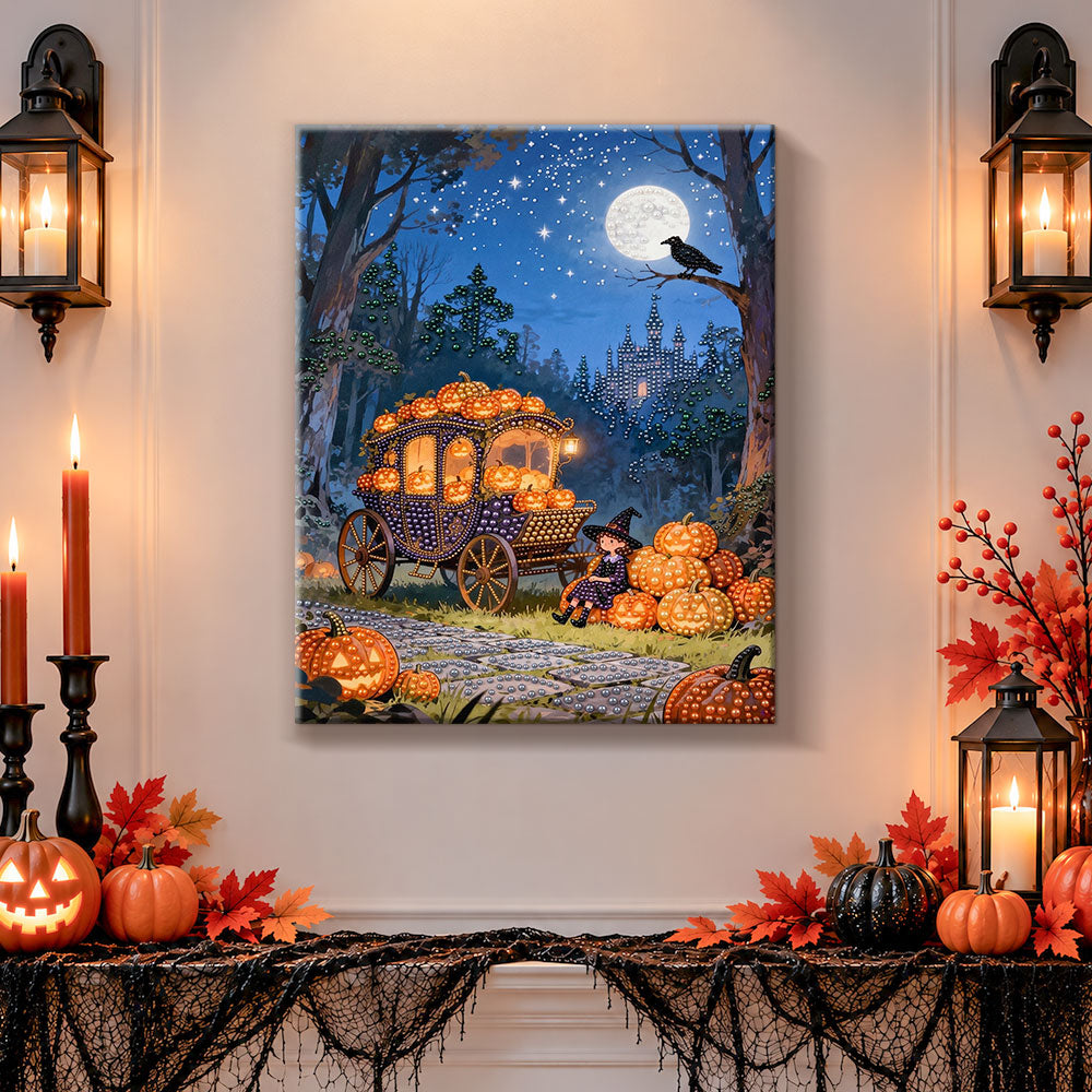 Finished pumpkin carriage under full moon pearl diamond painting artwork displayed as holiday home decor