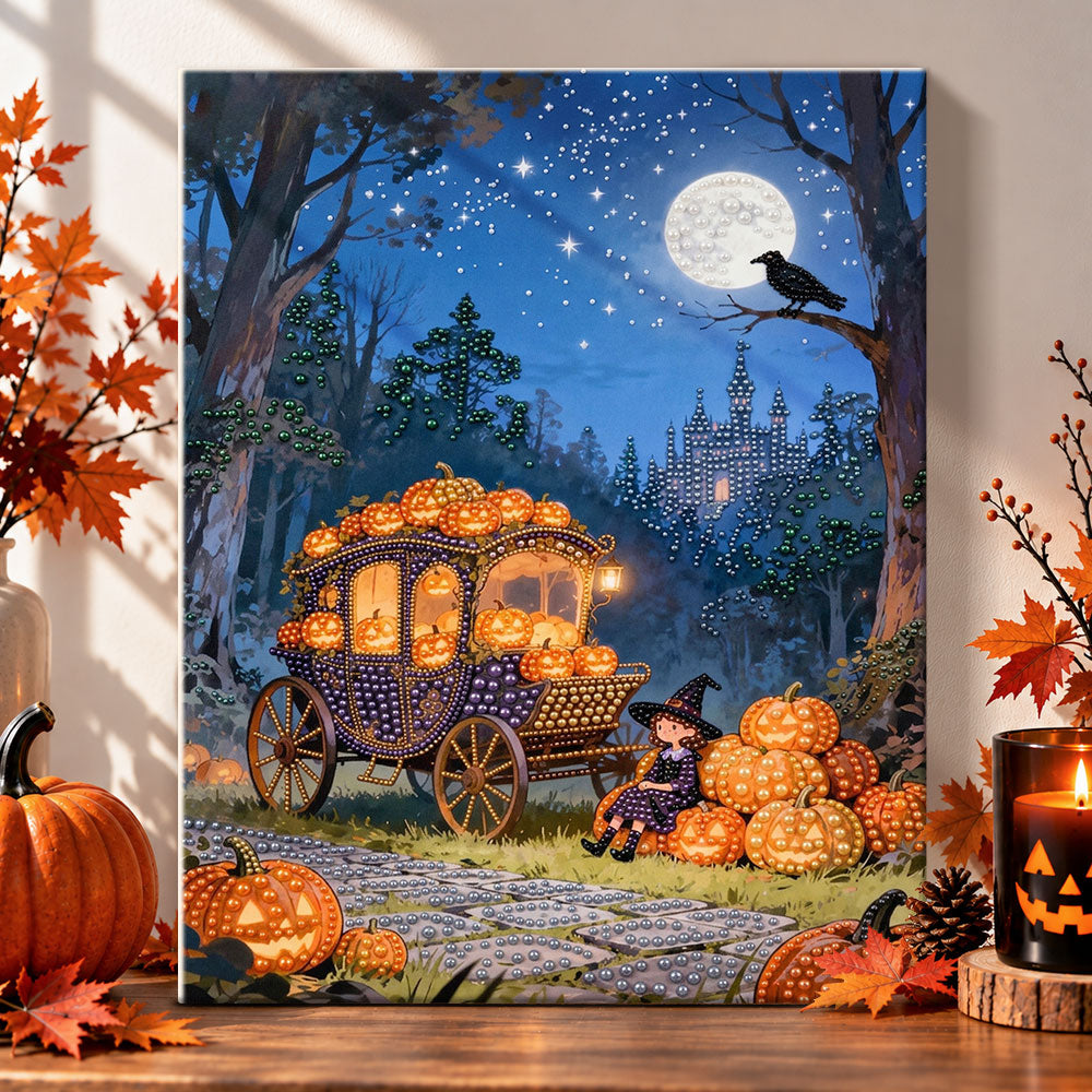 Pumpkin carriage under full moon pearl diamond painting kit for beginners