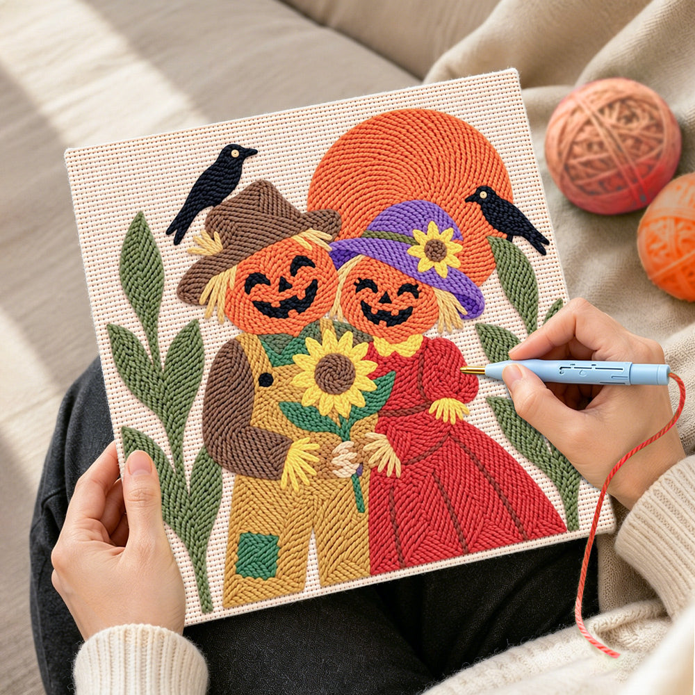 Creating handmade pumpkin couple with sunflower punch needle artwork
