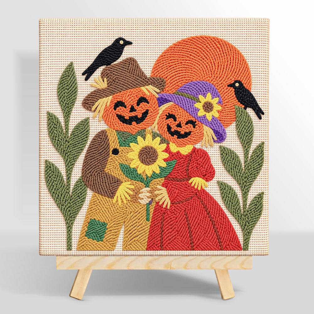 Pumpkin couple with sunflower punch needle kit for beginners