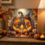 Finished pumpkin fairyland scene pearl diamond painting artwork displayed as holiday home decor