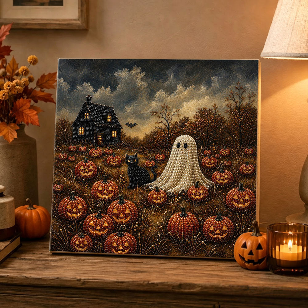 Finished pumpkin field ghost and black cat pearl diamond painting artwork displayed as holiday home decor