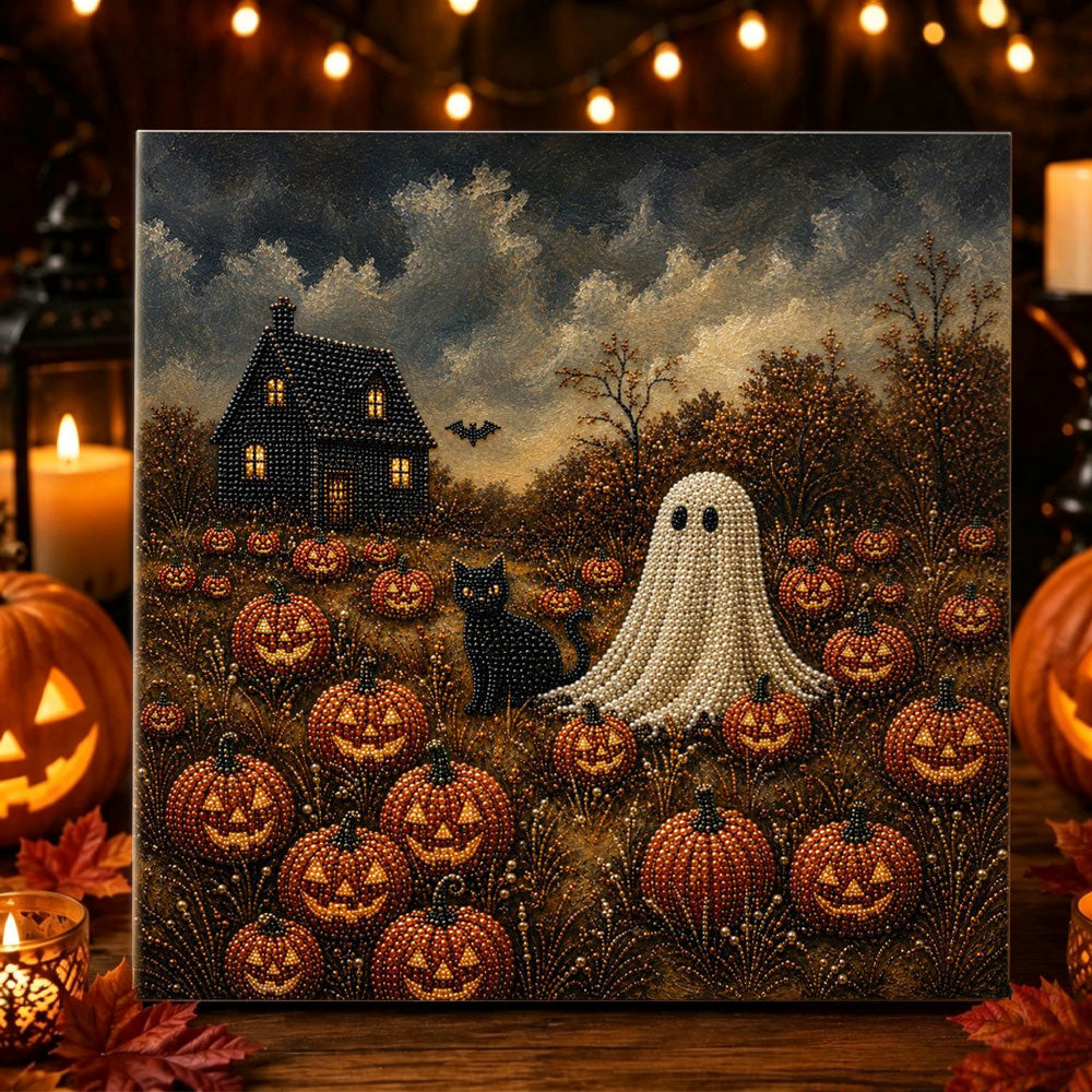 Pumpkin field ghost and black cat pearl diamond painting kit for beginners