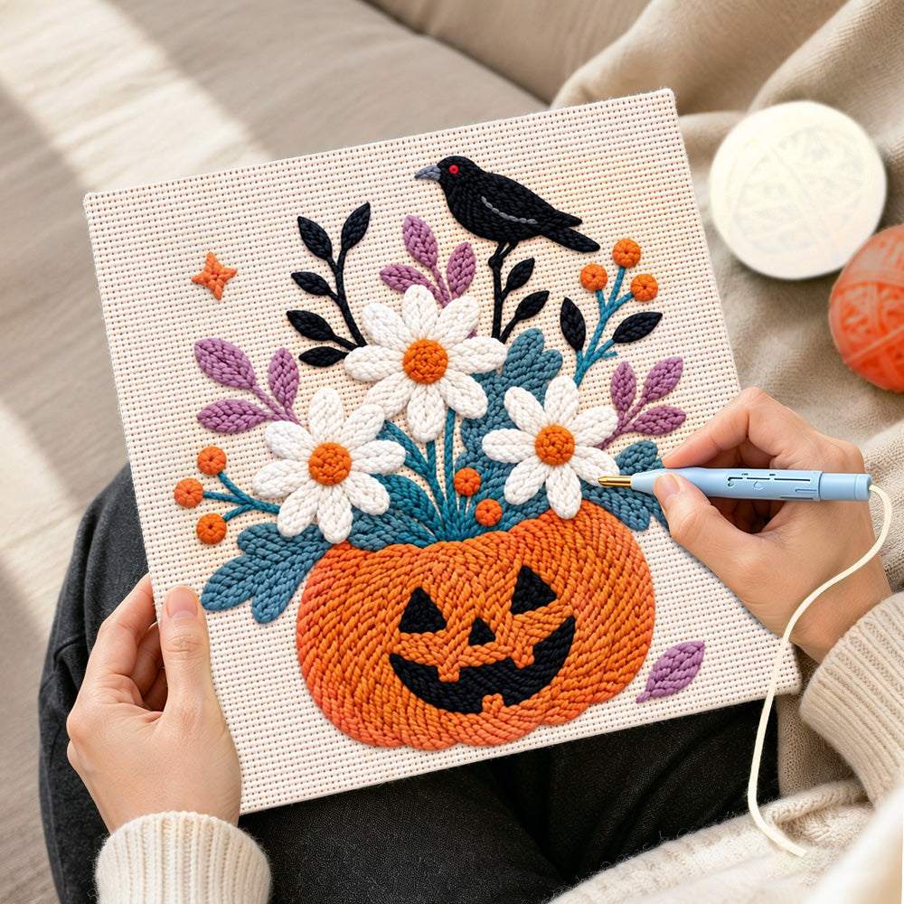 Creating handmade pumpkin floral crow punch needle artwork
