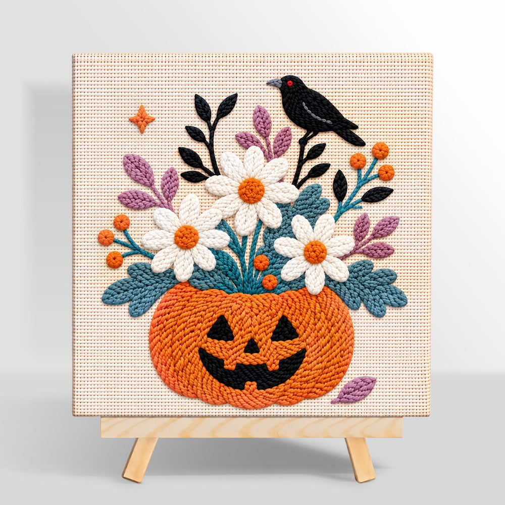 Pumpkin floral crow punch needle kit for beginners