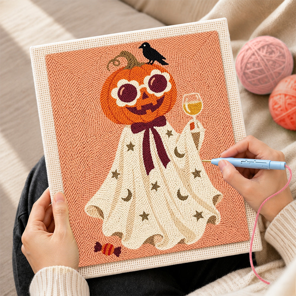 Creating handmade pumpkin ghost with wine glass punch needle artwork