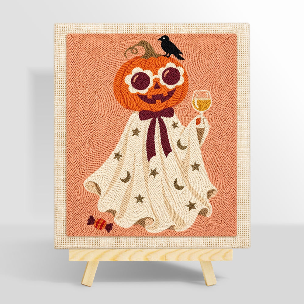 Pumpkin ghost with wine glass punch needle kit for beginners