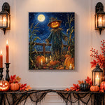 Finished pumpkin‑head scarecrow moonlit night pearl diamond painting artwork displayed as holiday home decor