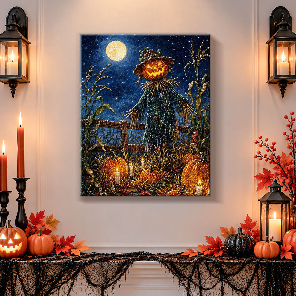 Finished pumpkin‑head scarecrow moonlit night pearl diamond painting artwork displayed as holiday home decor