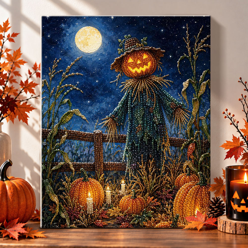 Pumpkin‑head scarecrow moonlit night pearl diamond painting kit for beginners