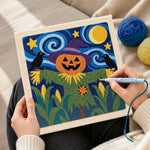 Creating handmade pumpkin head scarecrow punch needle artwork
