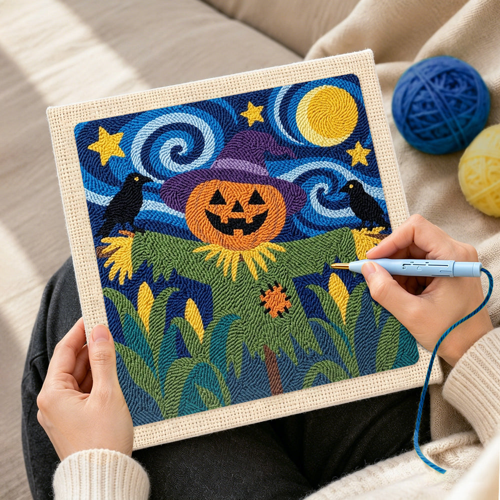 Creating handmade pumpkin head scarecrow punch needle artwork