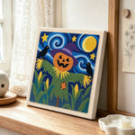 Pumpkin head scarecrow punch needle artwork displayed on a table