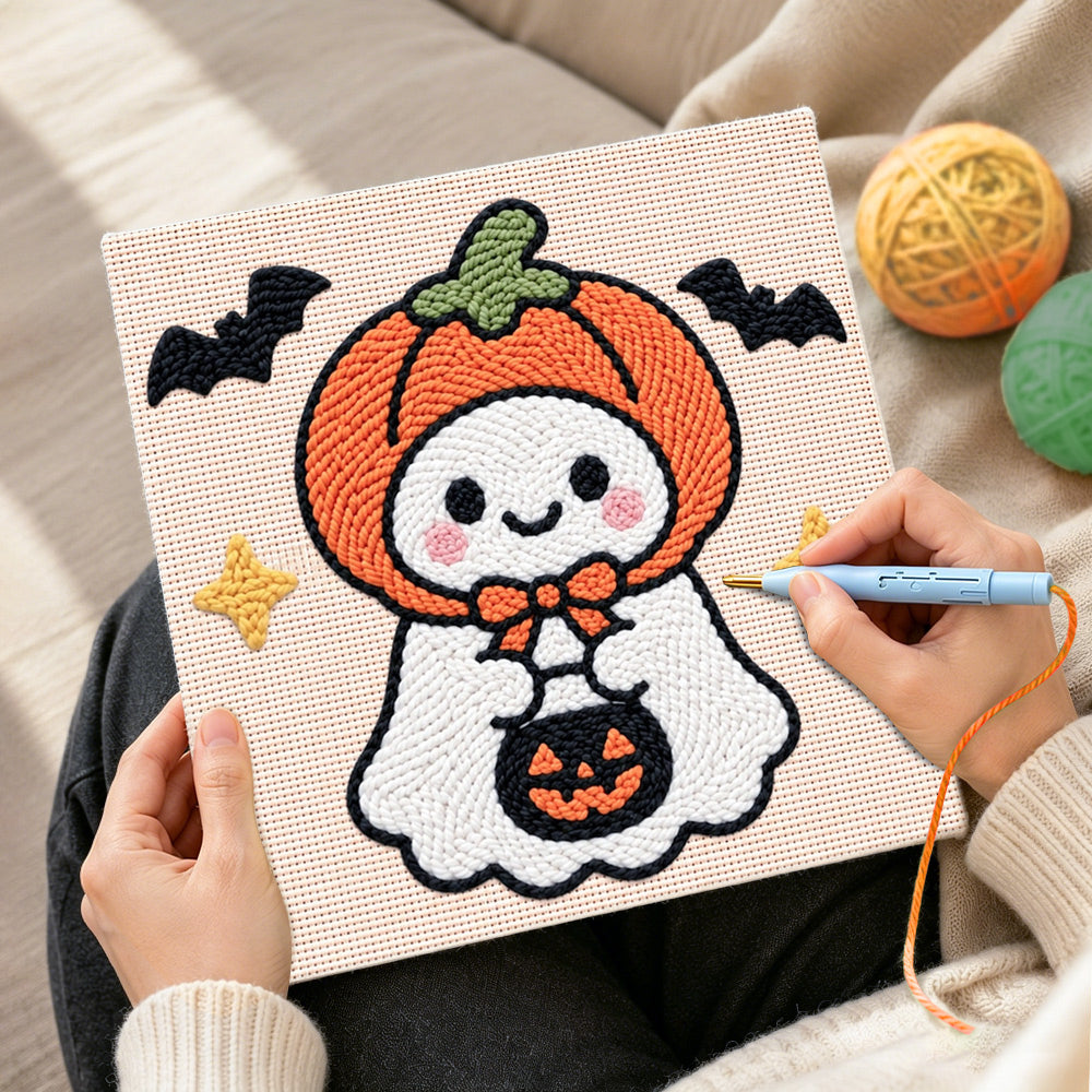 Creating handmade pumpkin hooded ghost punch needle artwork