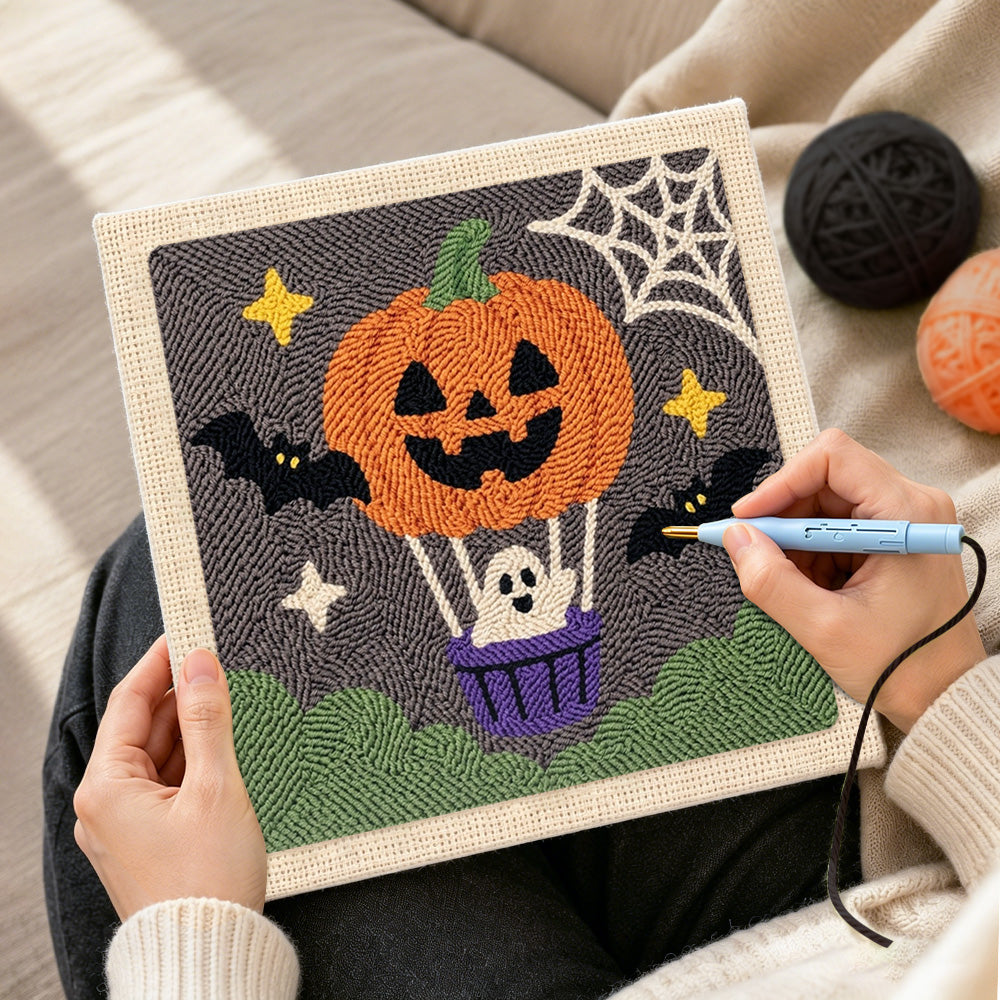 Creating handmade pumpkin hot air balloon punch needle artwork