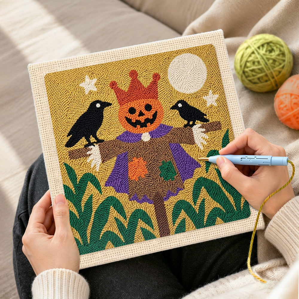 Creating handmade pumpkin king scarecrow punch needle artwork