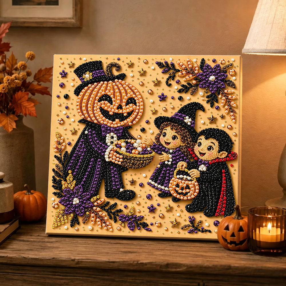 Finished pumpkin man giving candies pearl diamond painting artwork displayed as holiday home decor
